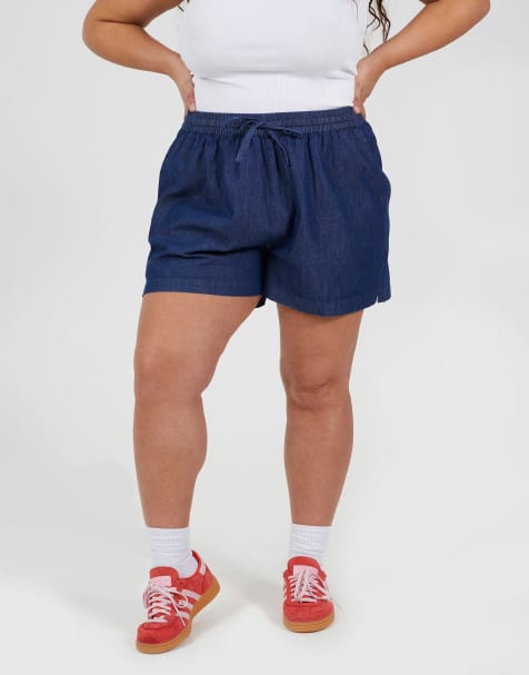 Brave Soul Curve elasticated chambray shorts in indigo - view 1