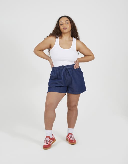 Brave Soul Curve elasticated chambray shorts in indigo, 3 of 4