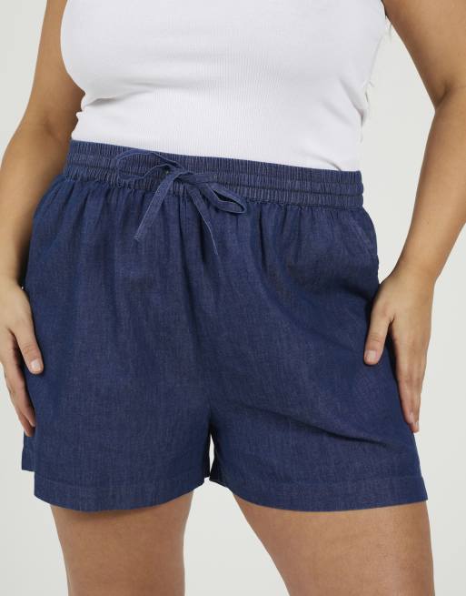 Brave Soul Curve elasticated chambray shorts in indigo, 4 of 4