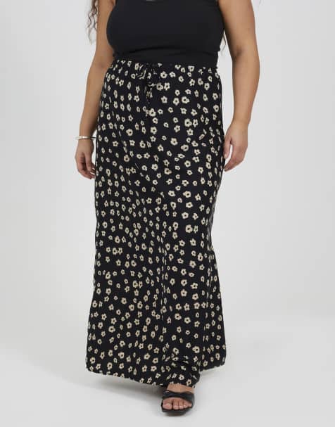 Brave Soul Curve floral maxi skirt with adjustable tie waist in black - view 1