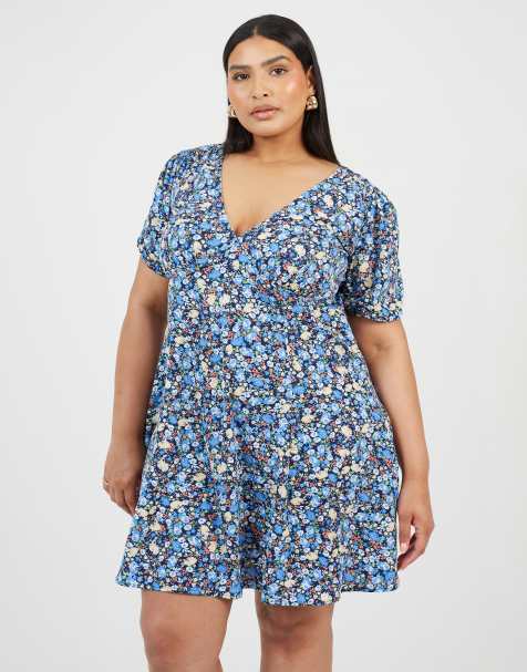Brave Soul Curve floral puff sleeve v-neck mini dress in blue