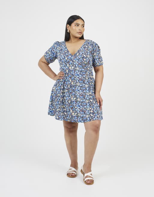 Brave Soul Curve floral puff sleeve v-neck mini dress in blue, 3 of 4
