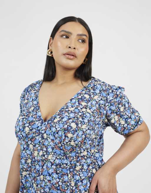 Brave Soul Curve floral puff sleeve v-neck mini dress in blue, 4 of 4