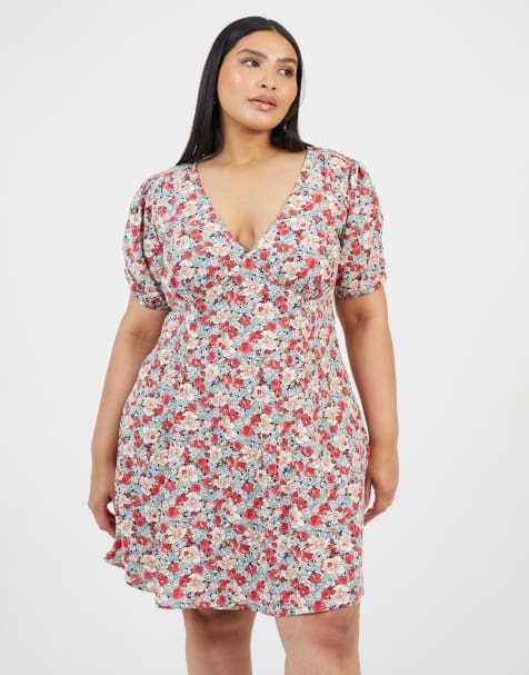 Brave Soul Curve floral puff sleeve v-neck mini dress in red