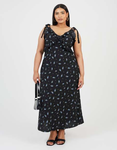 Brave Soul Curve floral v-neck strappy maxi dress in black - view 1