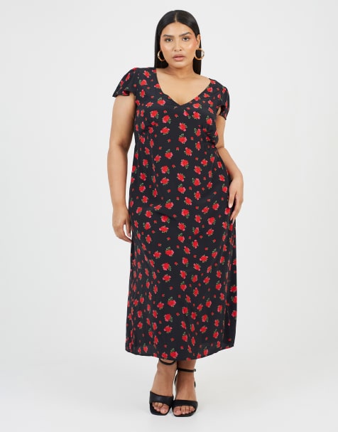 Brave Soul Curve flutter sleeve floral midi dress in black - view 1