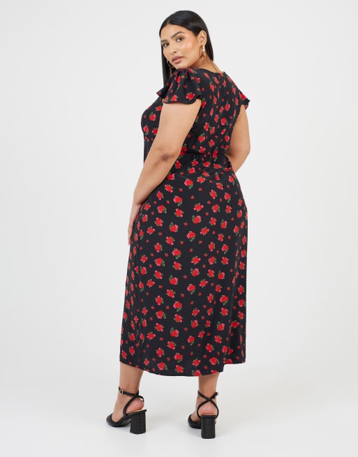 Brave Soul Curve flutter sleeve floral midi dress in black, 2 of 3