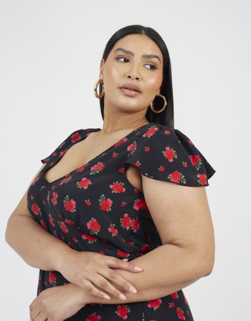 Brave Soul Curve flutter sleeve floral midi dress in black, 3 of 3