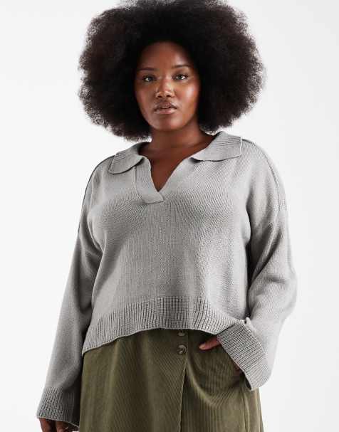 Brave Soul Curve knitted jumper with polo neck and wide sleeve in charcoal grey