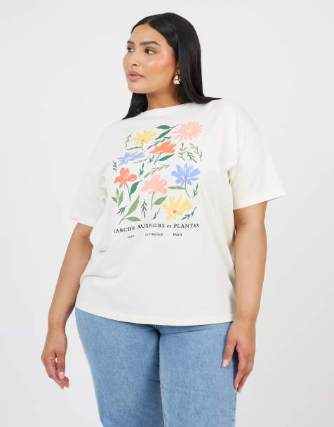 Brave Soul Curve graphic print oversized t-shirt in cream - view 1