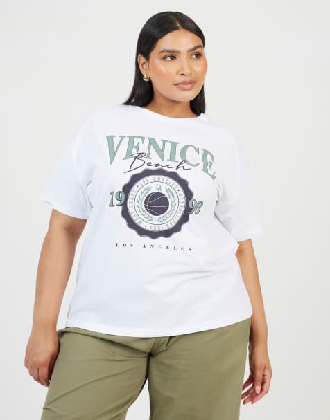 Brave Soul Curve graphic print oversized t-shirt in off white