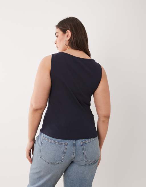 Brave Soul Curve high neck vest top in navy, 4 of 4