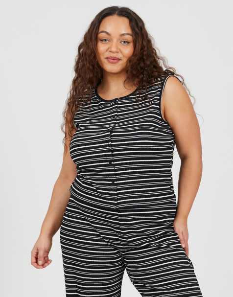 Brave Soul Curve jersey knit striped button down vest in black