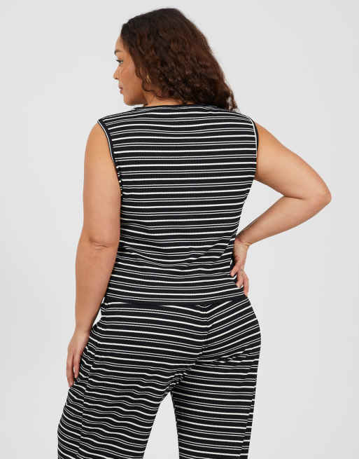 Brave Soul Curve jersey knit striped button down vest in black, 2 of 4