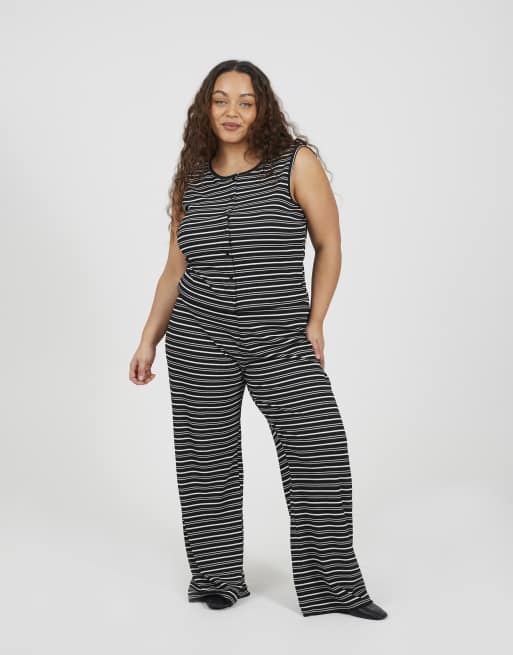 Brave Soul Curve jersey knit striped button down vest in black, 3 of 4