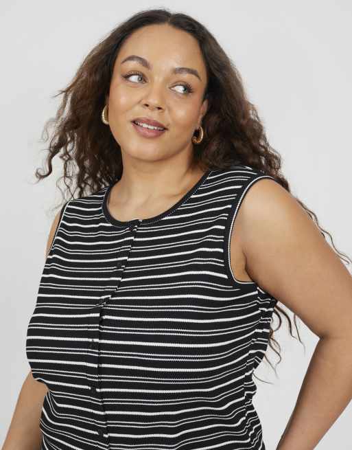 Brave Soul Curve jersey knit striped button down vest in black, 4 of 4