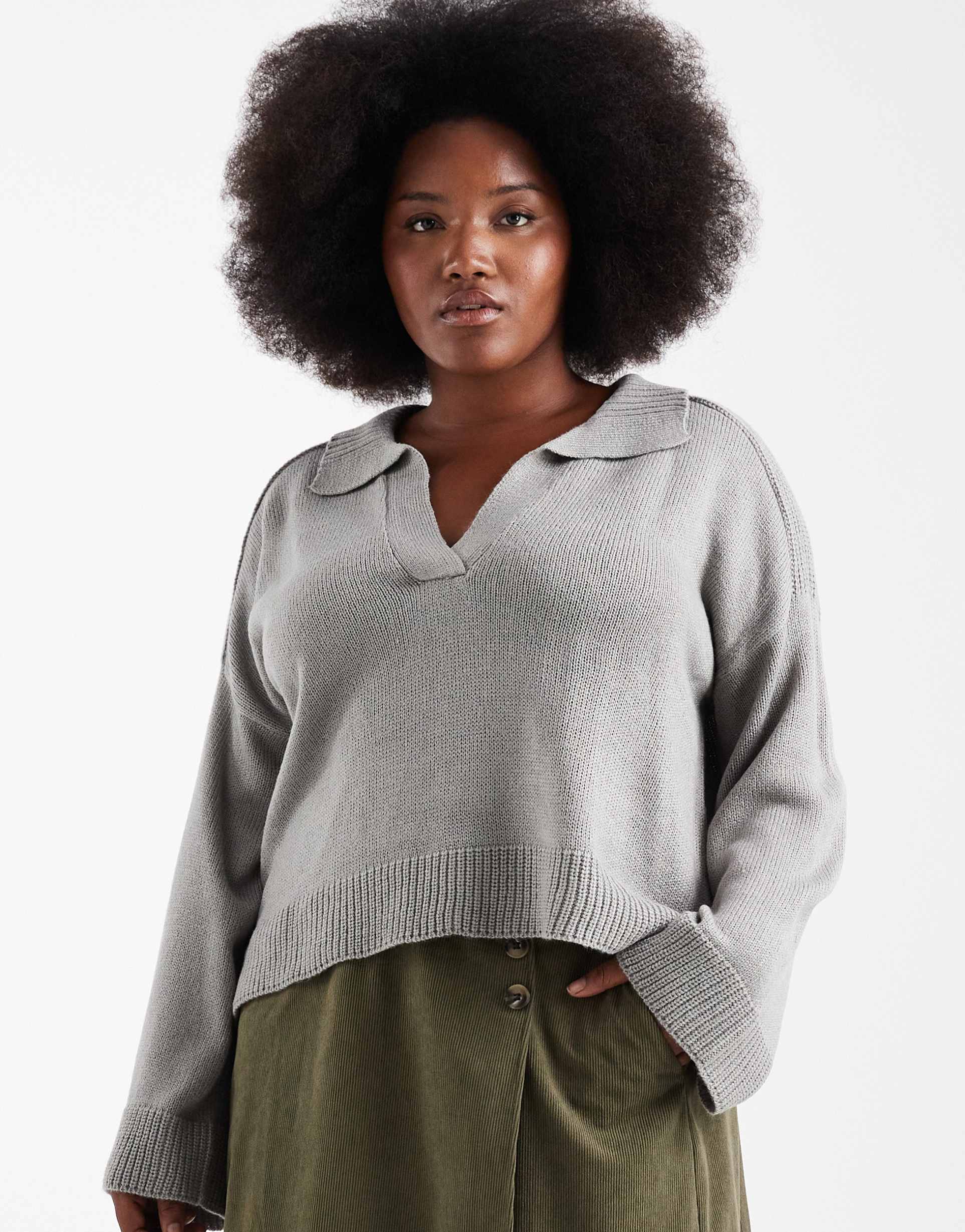 brave soul curve knit sweater with polo neck and wide sleeve in charcoal gray