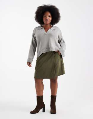 Brave Soul Curve Knit Sweater With Polo Neck And Wide Sleeve In Gray