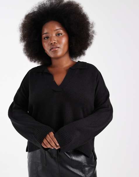 Brave Soul Curve knitted jumper with polo neck and wide sleeve in black - view 1