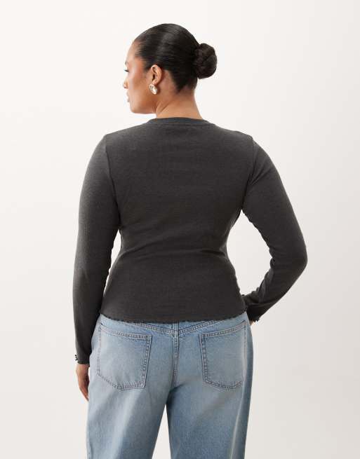 Brave Soul Curve langærmet ribtop med bølgekant i charcoal marl, 2 af 4