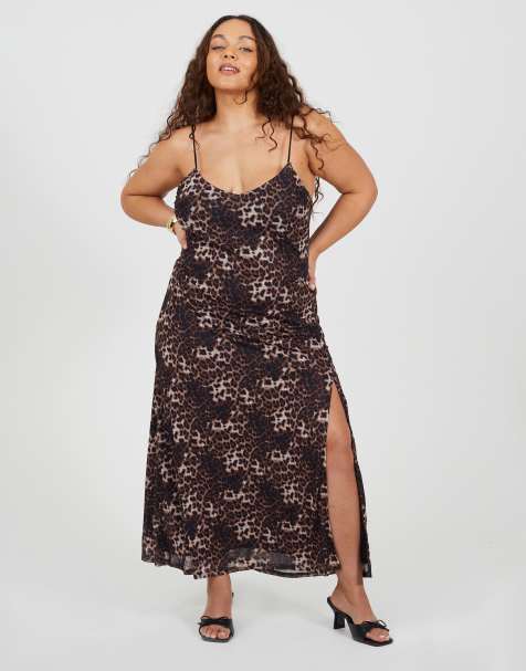 Brave Soul Curve leopard print strappy maxi dress with split detail in tan - view 1