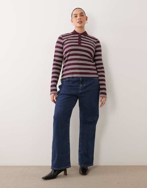 Brave Soul Curve long sleeve ribbed polo top in burgundy & cream stripe, 2 of 4