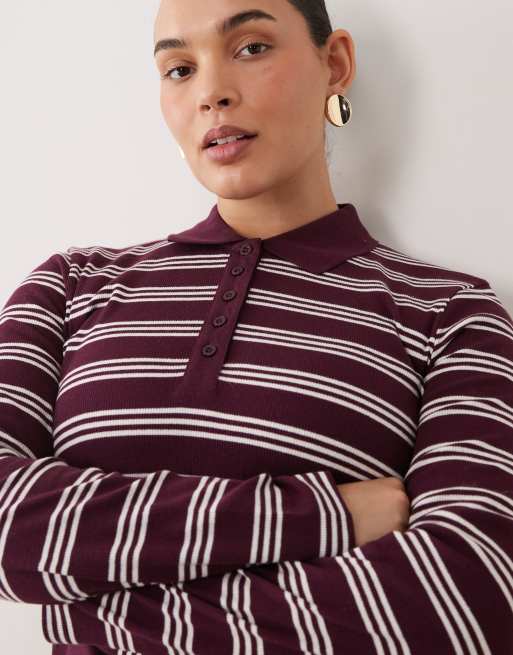 Brave Soul Curve long sleeve ribbed polo top in burgundy & cream stripe, 3 of 4