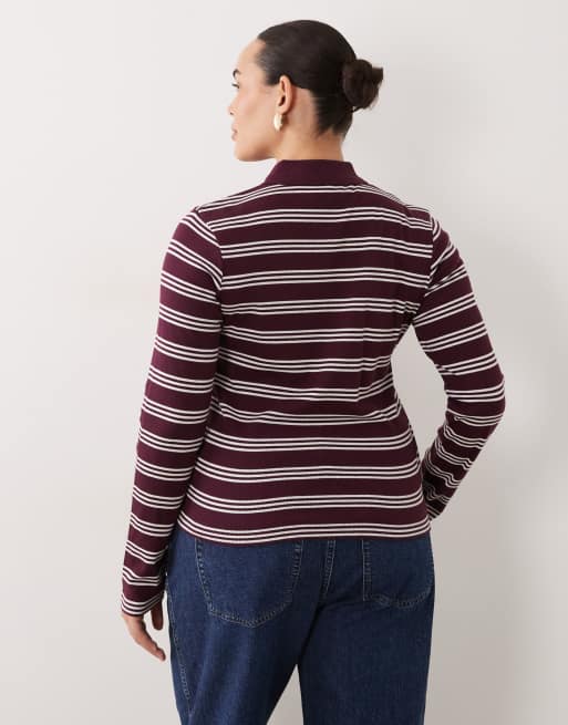 Brave Soul Curve long sleeve ribbed polo top in burgundy & cream stripe, 4 of 4