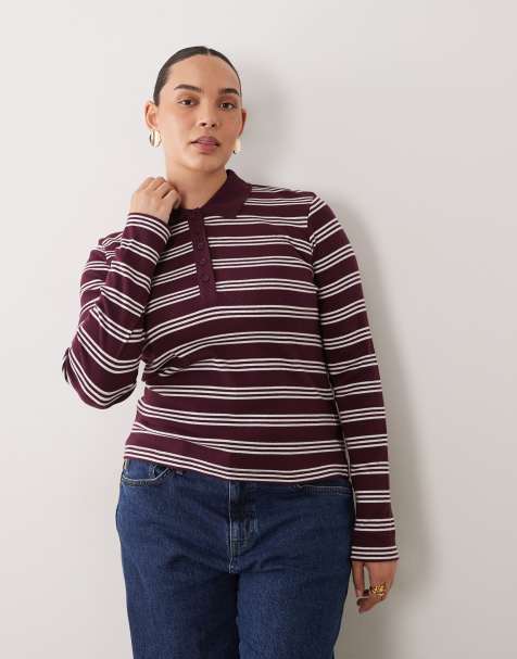 Brave Soul Curve long sleeve ribbed polo top in burgundy & cream stripes - view 1