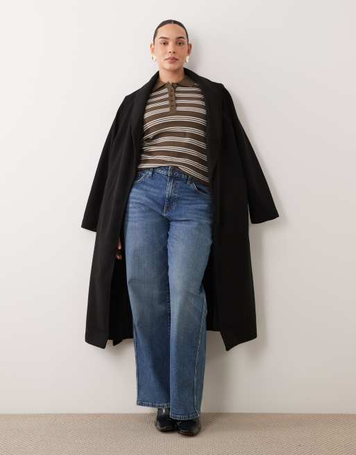 Brave Soul Curve long sleeve ribbed polo top in truffle & cream stripe, 2 of 4