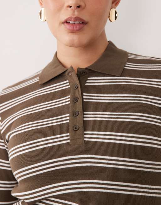 Brave Soul Curve long sleeve ribbed polo top in truffle & cream stripe, 3 of 4