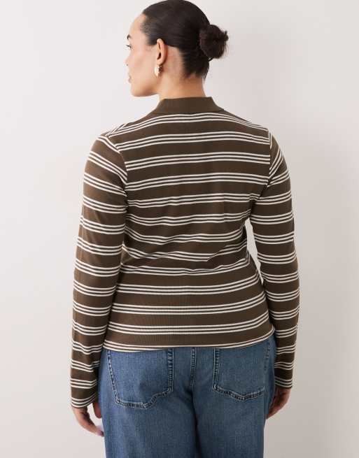Brave Soul Curve long sleeve ribbed polo top in truffle & cream stripe, 4 of 4