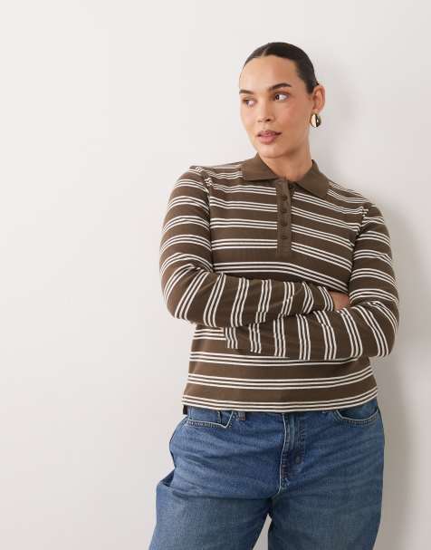 Brave Soul Curve long sleeve ribbed polo top in truffle & cream stripes - view 1