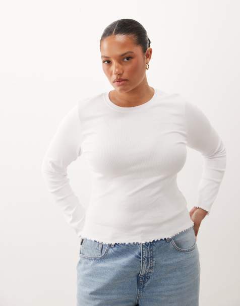 Brave Soul Curve long sleeve ribbed top with lettuce-edge hem in white - view 1