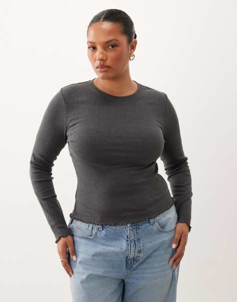 Brave Soul Curve long sleeve ribbed top with lettuce hem in charcoal marl - view 1