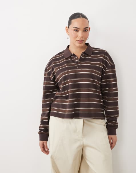 Brave Soul Curve long sleeve striped rugby top in chocolate brown - view 1