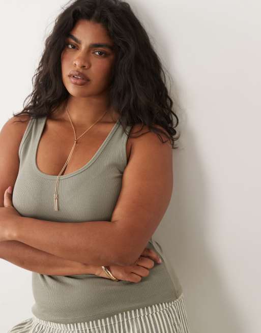 Brave Soul Curve ribbed scoop neck singlet top in khaki, 2 of 4