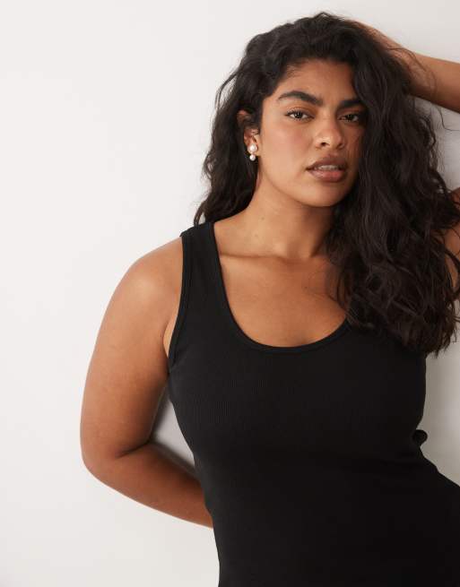 Brave Soul Curve ribbed scoop neck vest top in black, 4 of 4