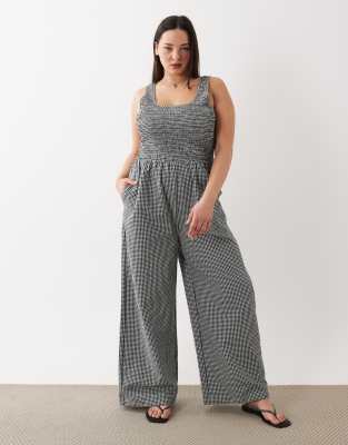 Brave Soul Plus Brave Soul Curve Scoop Neck Gingham Jumpsuit In Gray