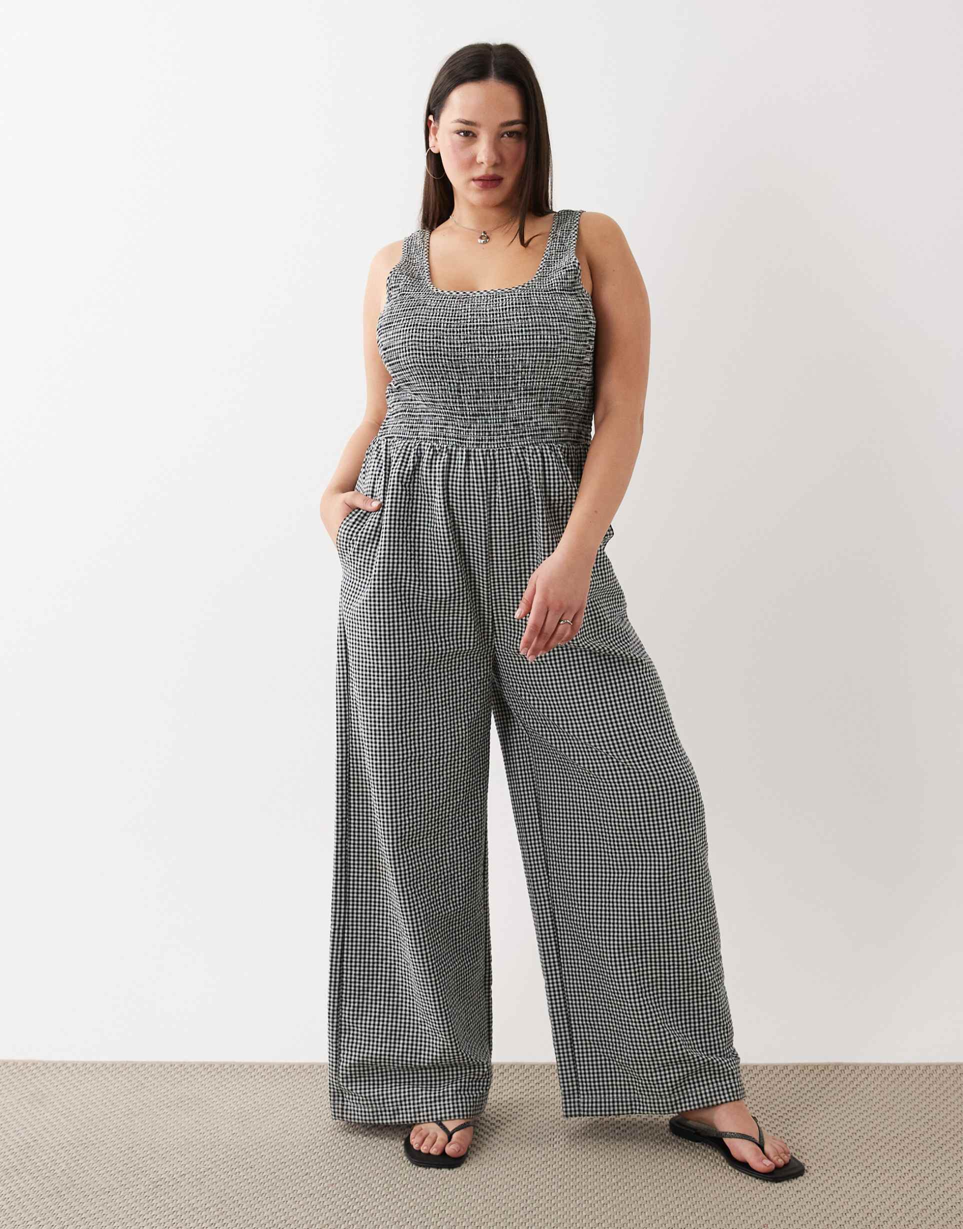 brave soul curve scoop neck gingham jumpsuit in black and white