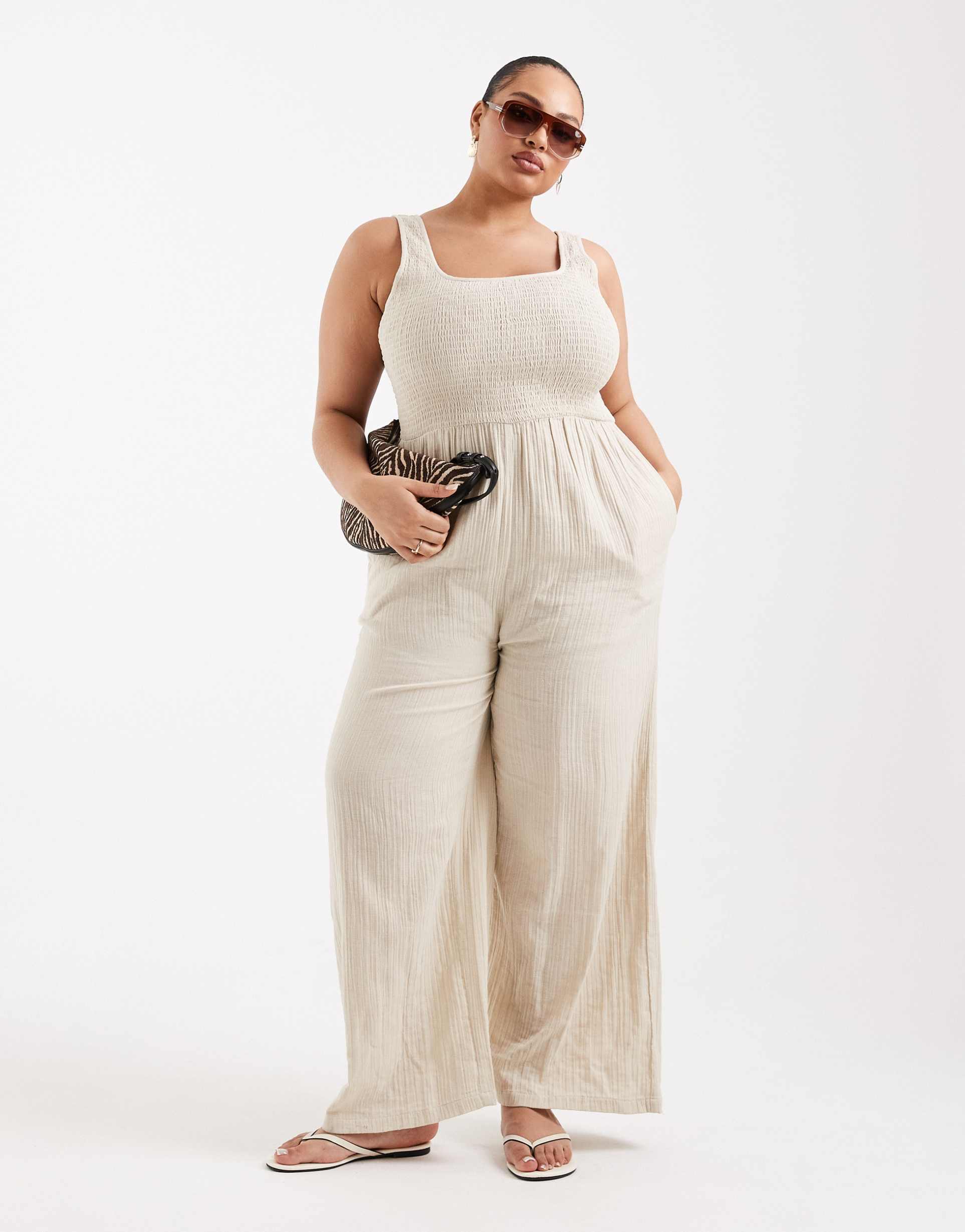 brave soul curve scoop neck jumpsuit in cream