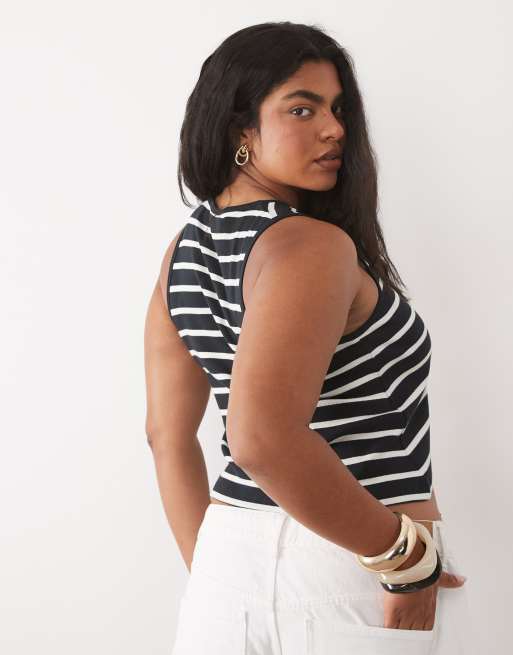 Brave Soul Curve scoop neck singlet top in black and cream stripe, 3 of 4