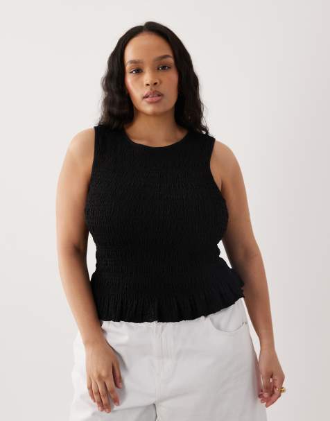 Brave Soul Curve shirred vest with ruffle hem in black - view 1