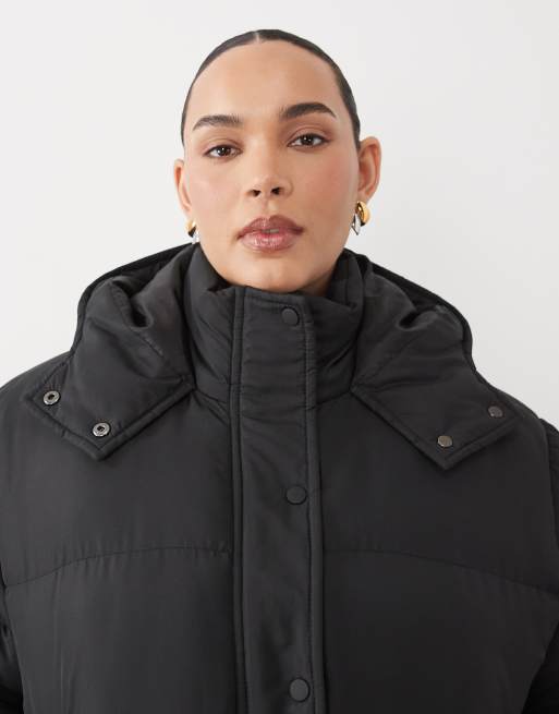 Brave Soul Curve short puffer jacket with hood in black, 3 of 4