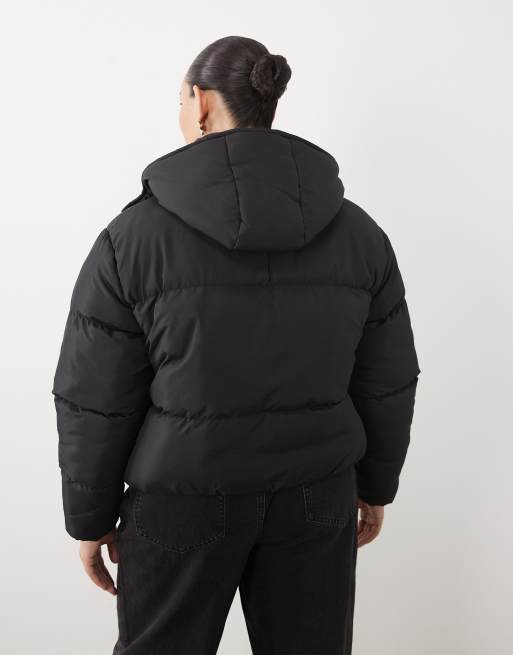 Brave Soul Curve short puffer jacket with hood in black, 4 of 4