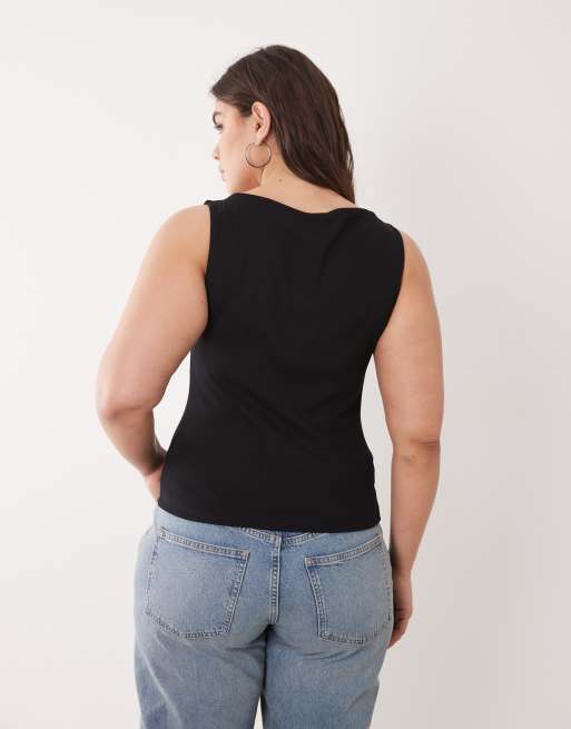 Brave Soul Curve slash neck vest top in black, 4 of 4