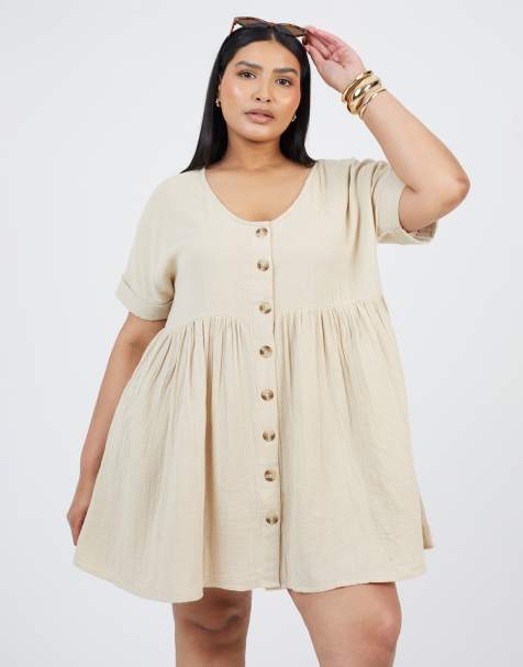 Brave Soul Curve smock style button front mini dress in beige - view 1