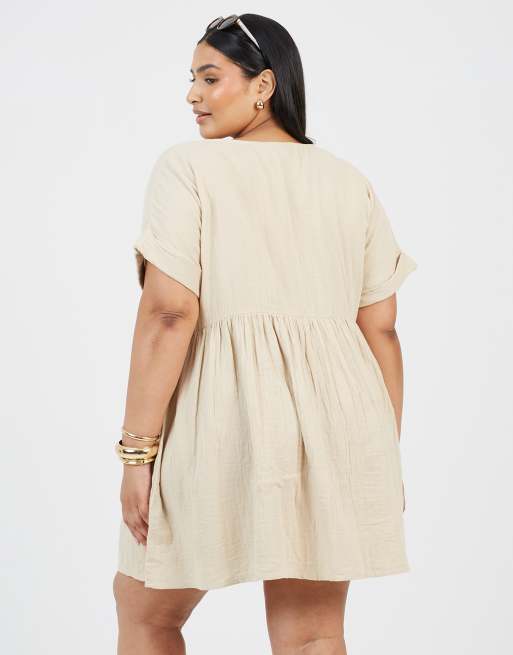 Brave Soul Curve smock style button front mini dress in beige, 2 of 4