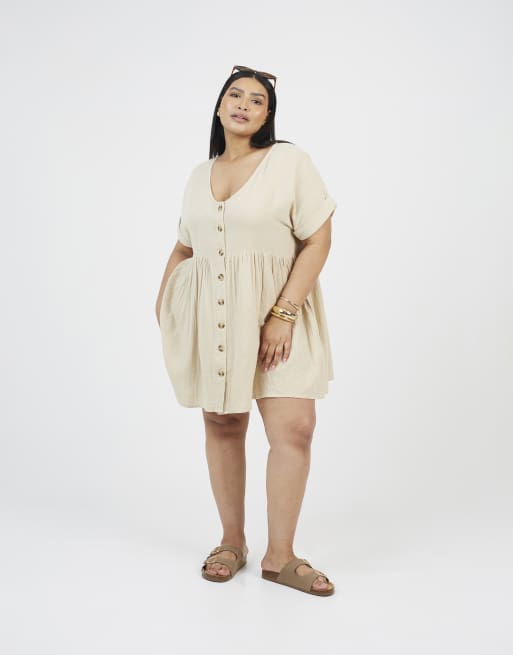 Brave Soul Curve smock style button front mini dress in beige, 3 of 4