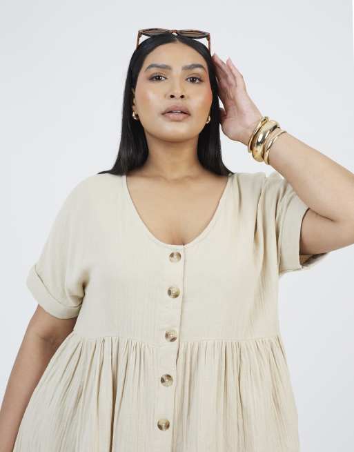 Brave Soul Curve smock style button front mini dress in beige, 4 of 4